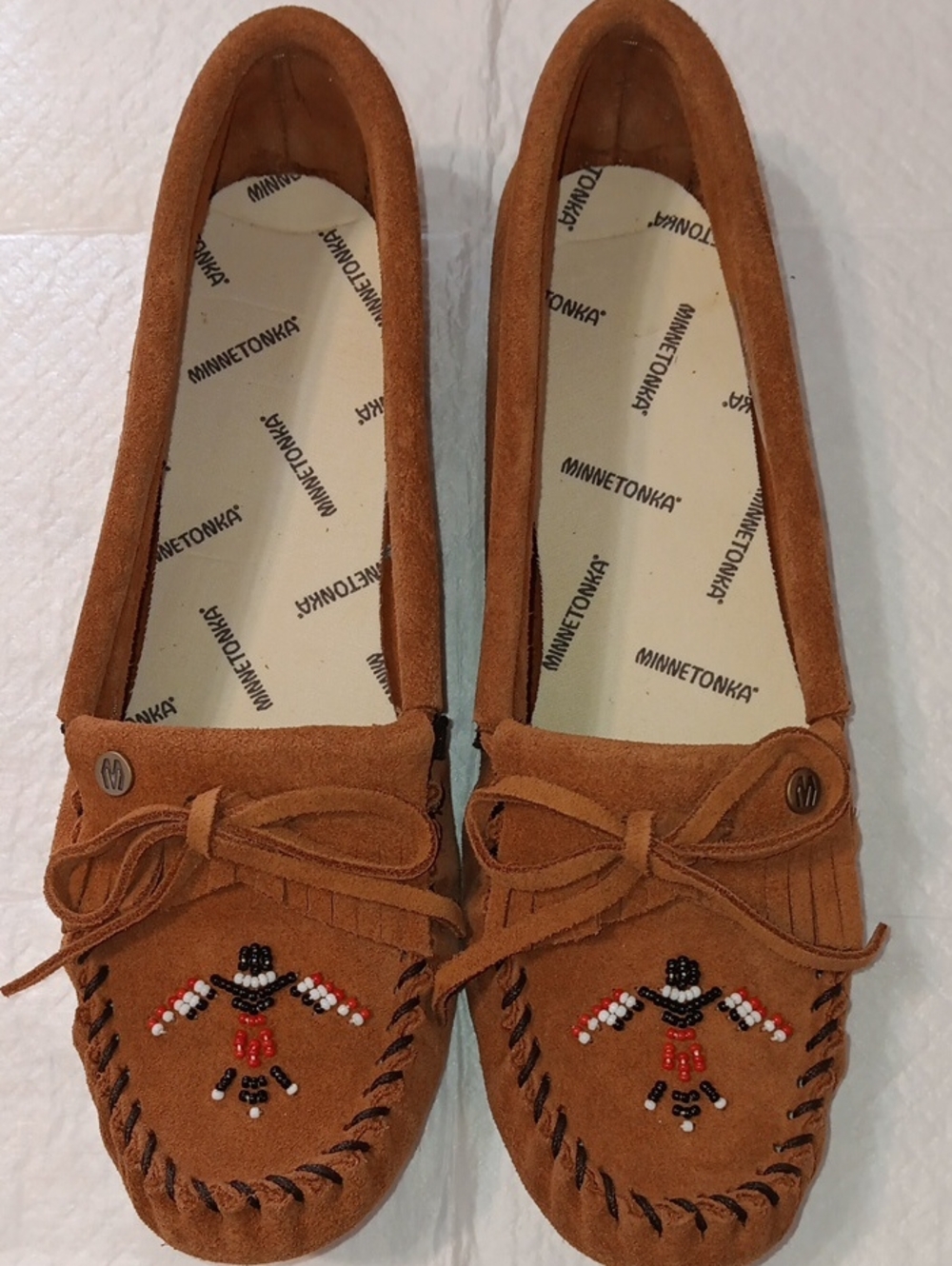 Minnetonka Brown Suede Beaded Animikii Thunderbird Moccasins 11